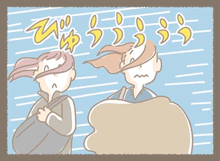 外は風が強く、まきちゃんとみなちゃんの髪がなびいています