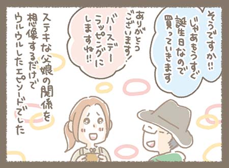 お客様は娘さんのの誕生日プレゼントとして購入するとのことでバースデーラッピングにしました。ステキな父娘の関係を想像するだけでウルウルしたエピソードでした