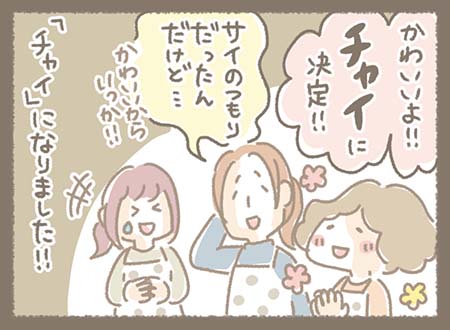 「サイのつもりだったんだけど…」と言いつつ、最終的にかわいい響きの「チャイ」に決定！こうして色名が誕生したエピソード。