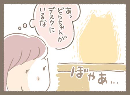 掃除をしている途中、まきちゃんは横目でぼやあとデスクの上にいるどらやきの気配を感じる