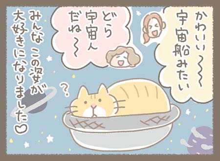 取り付けた猫ベッドでくつろぐどらやき部長に・・・かわいい~~、宇宙船みたい、どら宇宙人だね~と大好評。みんなこの姿が大好きになりました♡