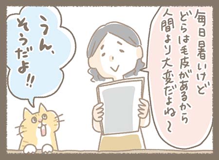 スタッフのともこちゃんが「毎日暑いけど どらは毛皮があるから 人間より大変だよね〜」と、毛皮に覆われたどらやき部長を気遣うように話しかけると、どらやき部長は「うん、そうだよ!!」とまるで会話が通じているかのように返事をしている。