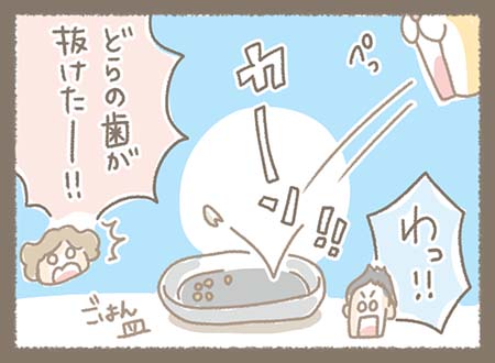 猫の歯が抜けてしまい、抜けた歯がごはん皿にカーンと落ちる。周りのスタッフも驚いて「わっ!!」と声を上げている。